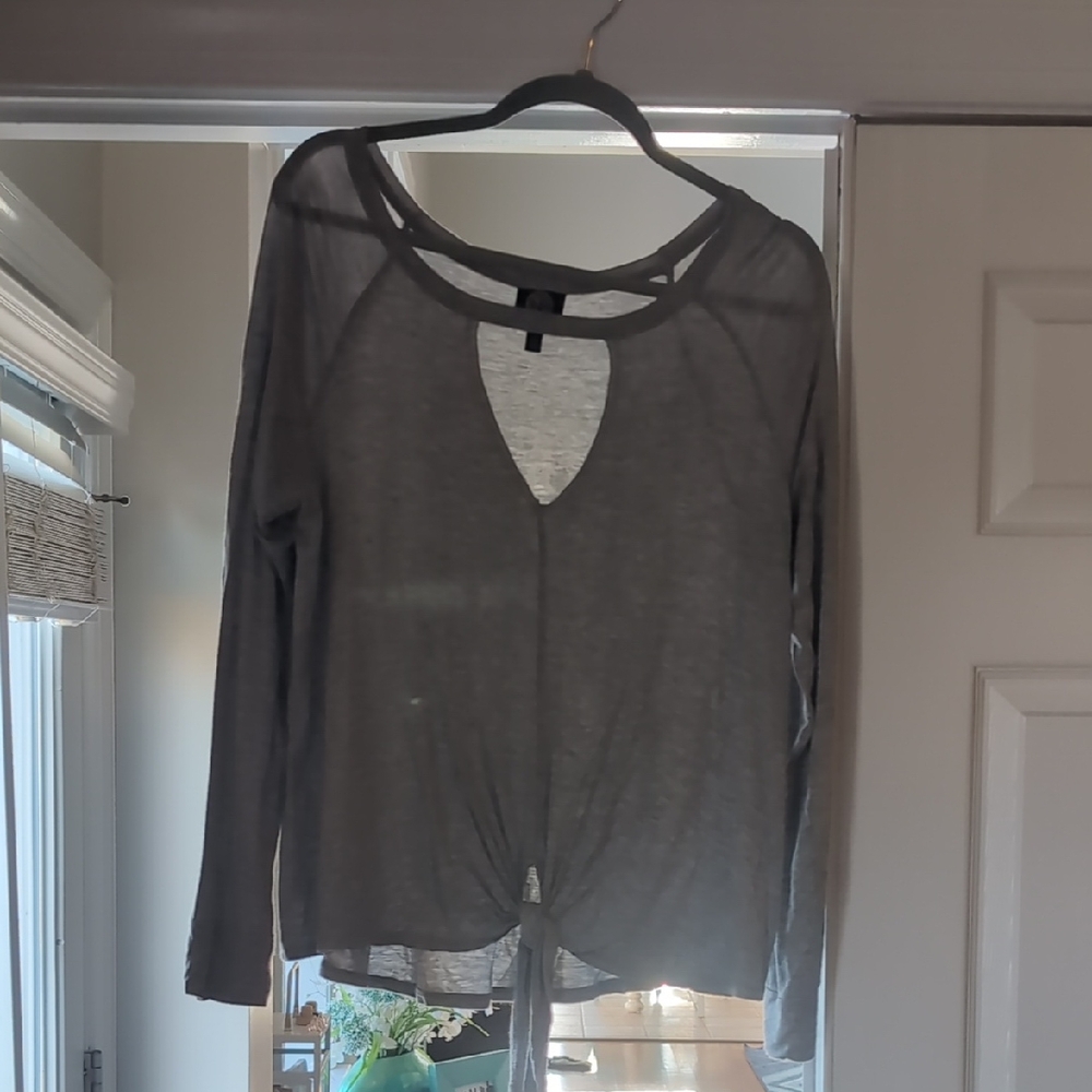 Bobeau Gray Long Sleeve Top with Tie Detail